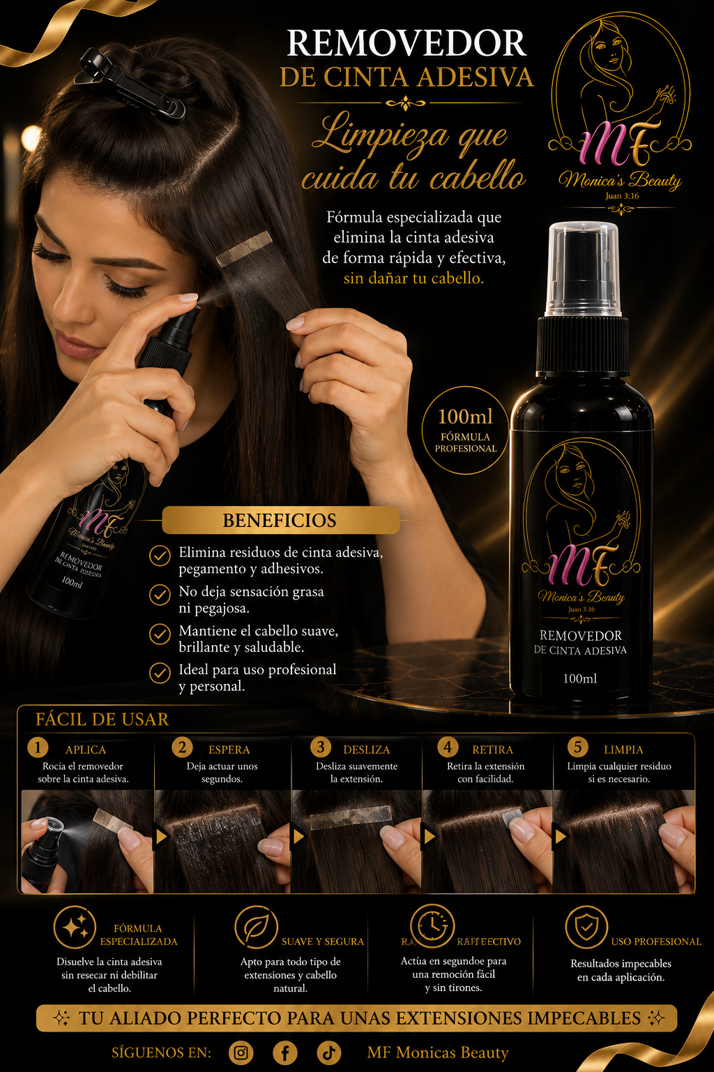 Removedor Profesional de Cinta Adhesiva para Extensiones de Cabello 100ml